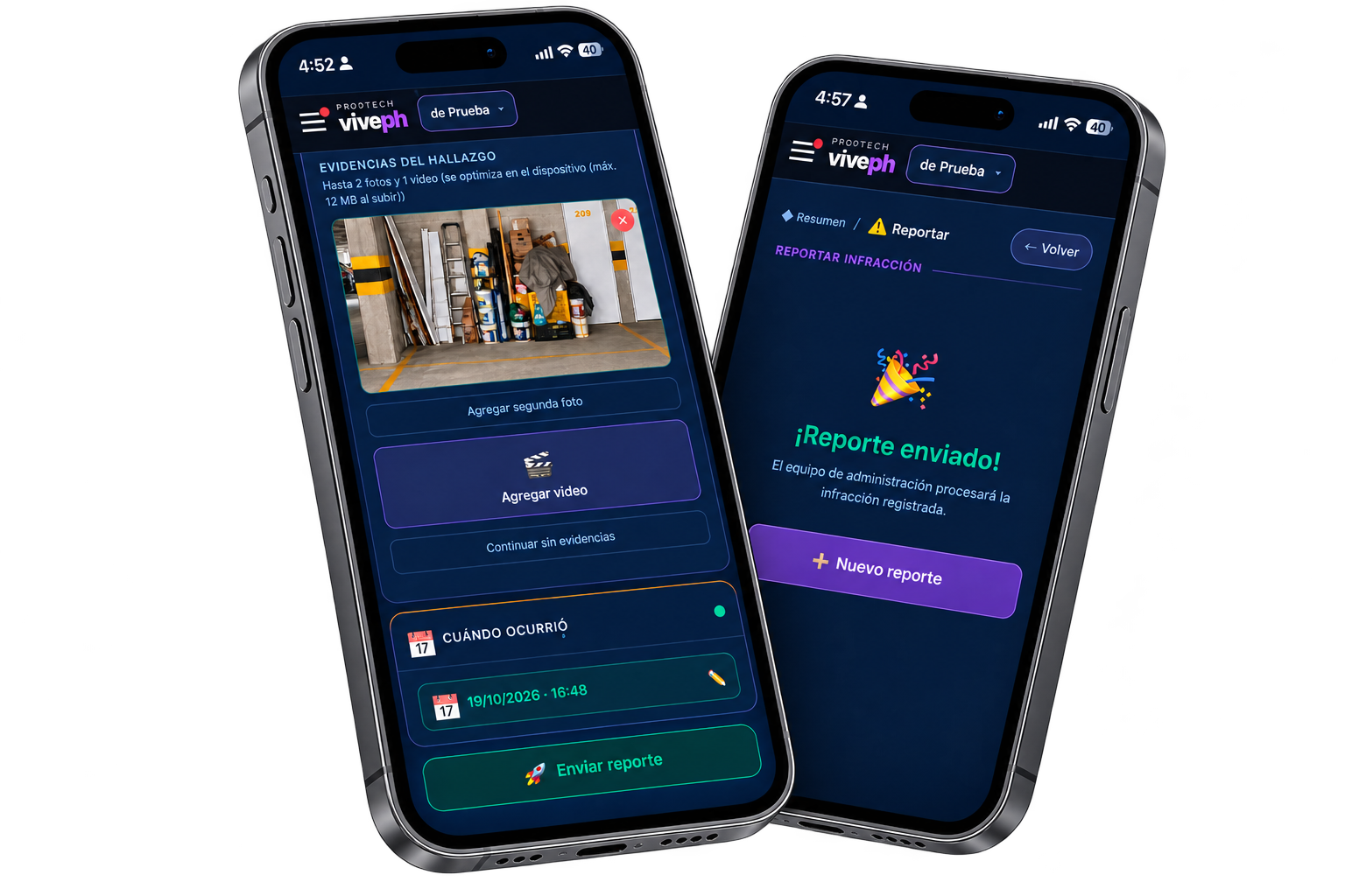 App viveph: reporte con evidencias y confirmación de envío